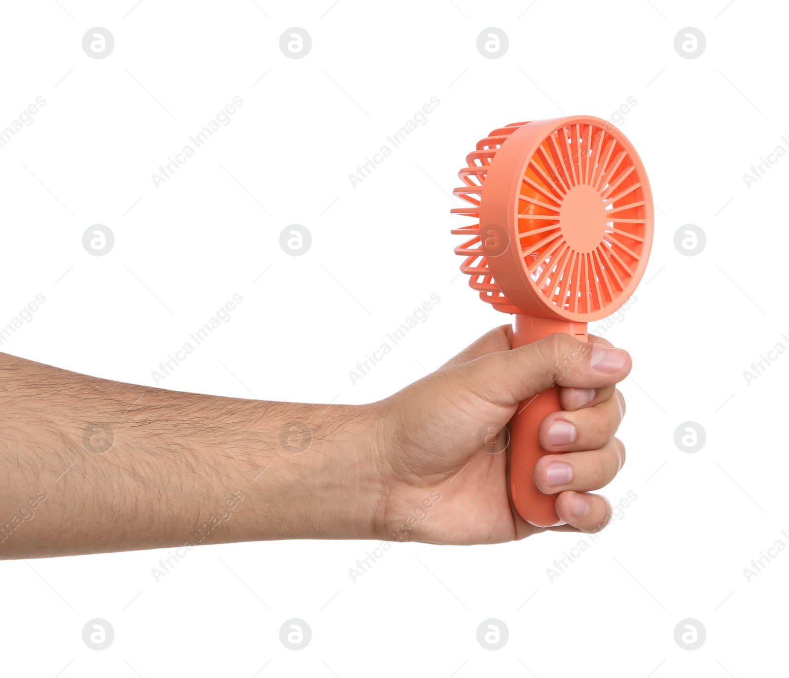 Photo of Man with portable fan on white background, closeup. Summer heat