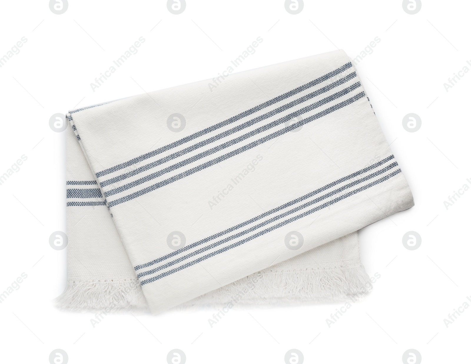 Photo of Striped kitchen towel isolated on white, top view