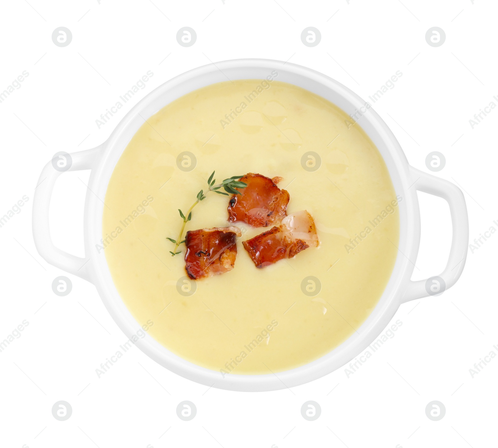 Photo of Tasty potato soup with bacon and rosemary in bowl isolated on white, top view