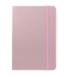 Light pink notebook isolated on white, top view