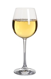 Photo of Glass of delicious expensive wine on white background