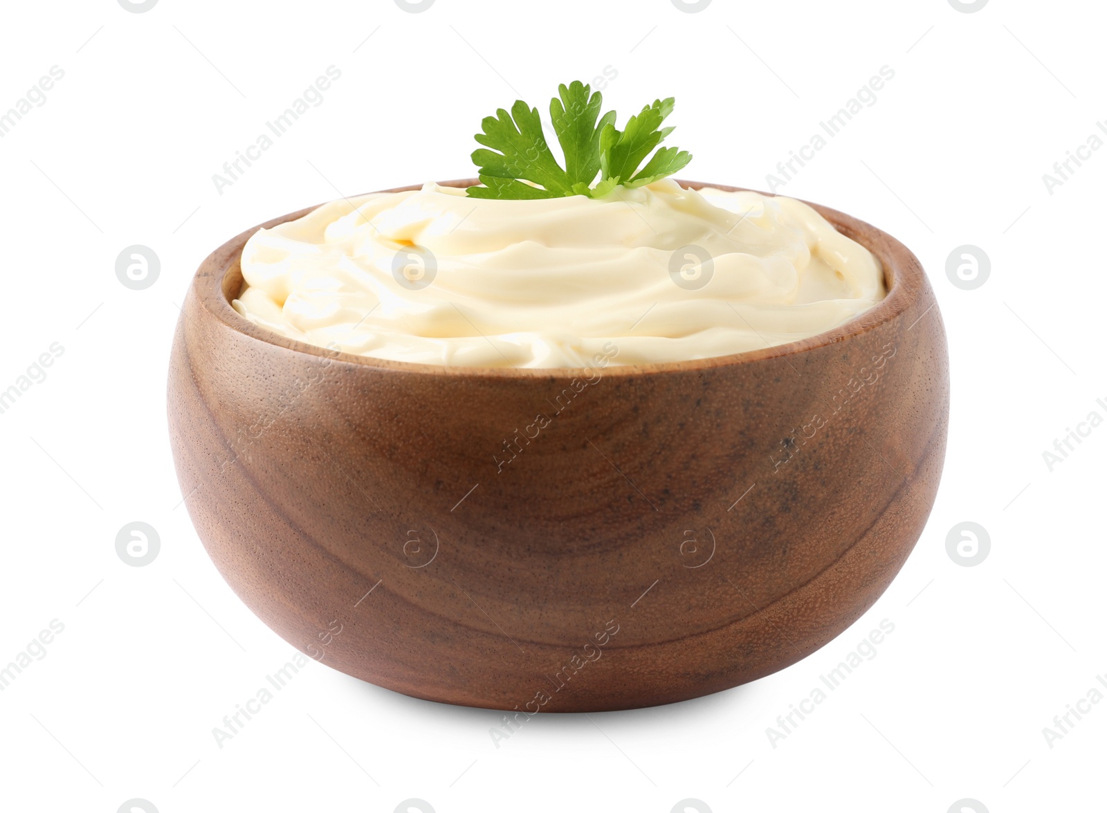 Photo of Bowl with delicious mayonnaise and parsley isolated on white