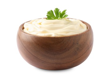 Bowl with delicious mayonnaise and parsley isolated on white