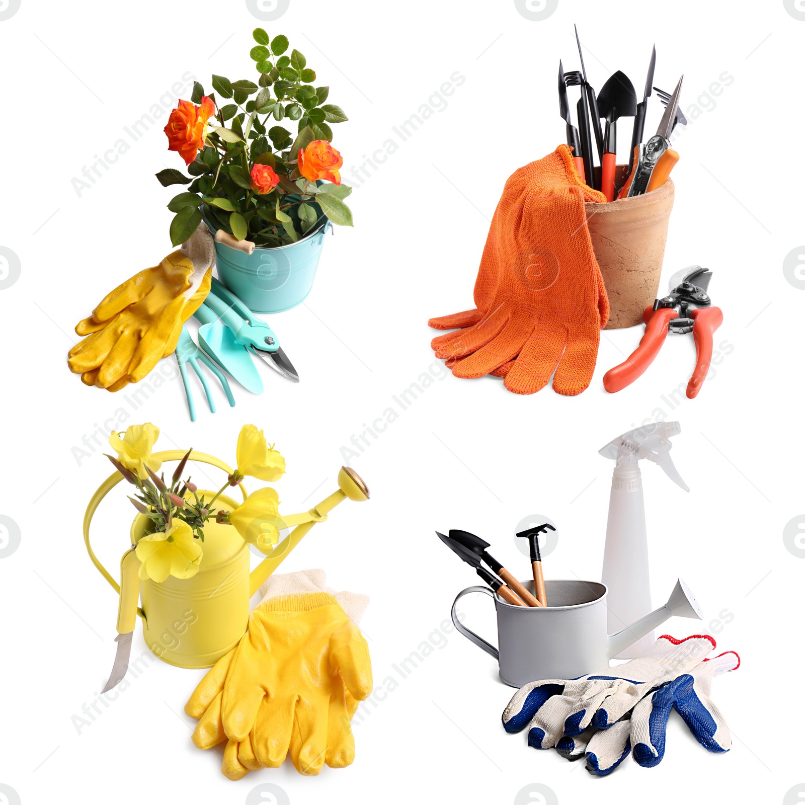 Image of Set with different gardening tools and bright gloves on white background