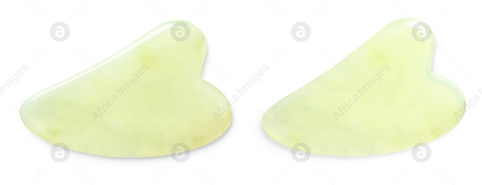 Image of Jade gua sha tools on white background, top view. Collage