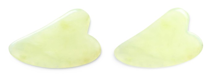 Image of Jade gua sha tools on white background, top view. Collage