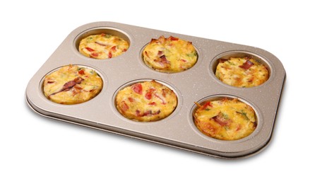 Photo of Freshly baked bacon and egg muffins with cheese in tin isolated on white