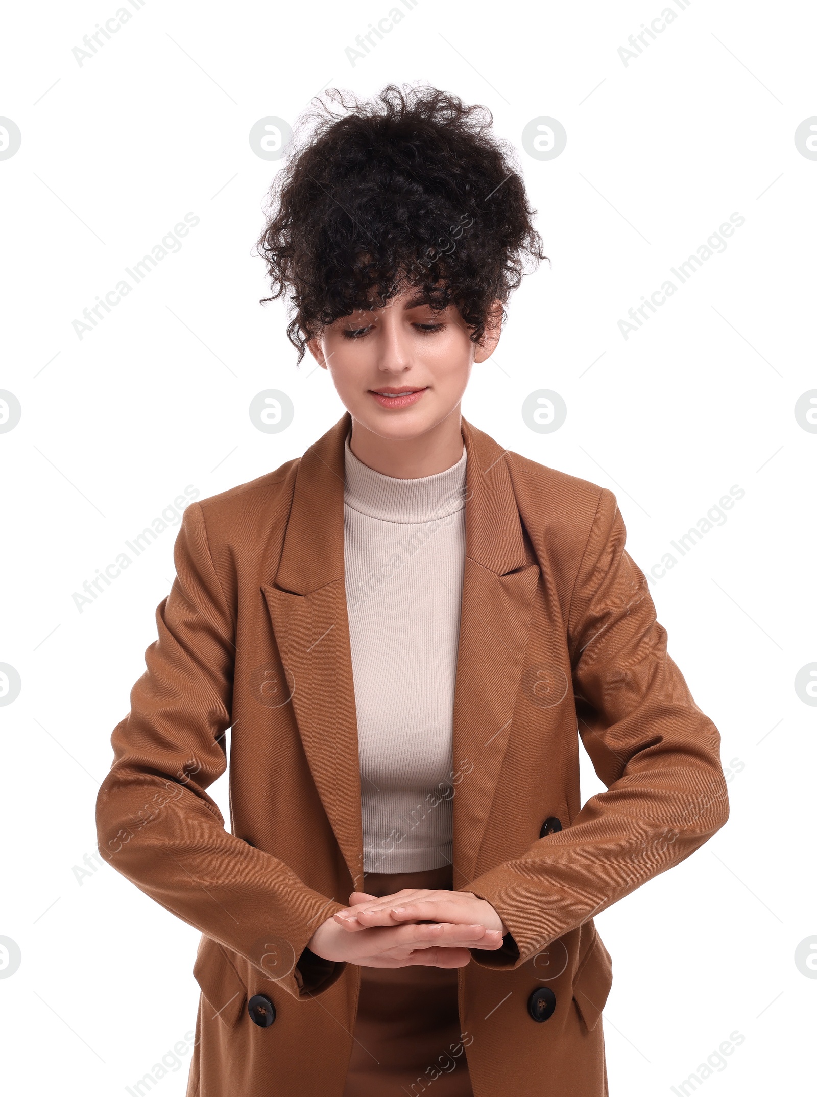 Photo of Beautiful young businesswoman posing on white background