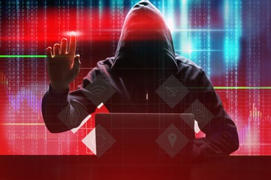 Image of Man with laptop and digital binary code on color background. Cyber attack concept