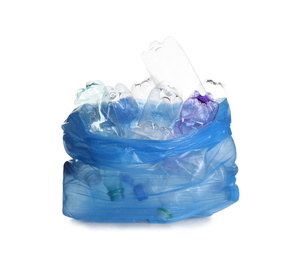 Blue bag with used bottles isolated on white. Plastic recycling