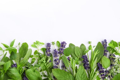 Photo of Many different aromatic herbs on white background, flat lay. Space for text