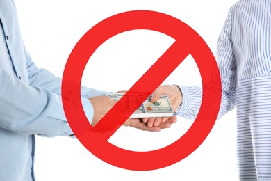 Image of Stop corruption. Illustration of red prohibition sign and woman giving bribe money to man on white background, closeup