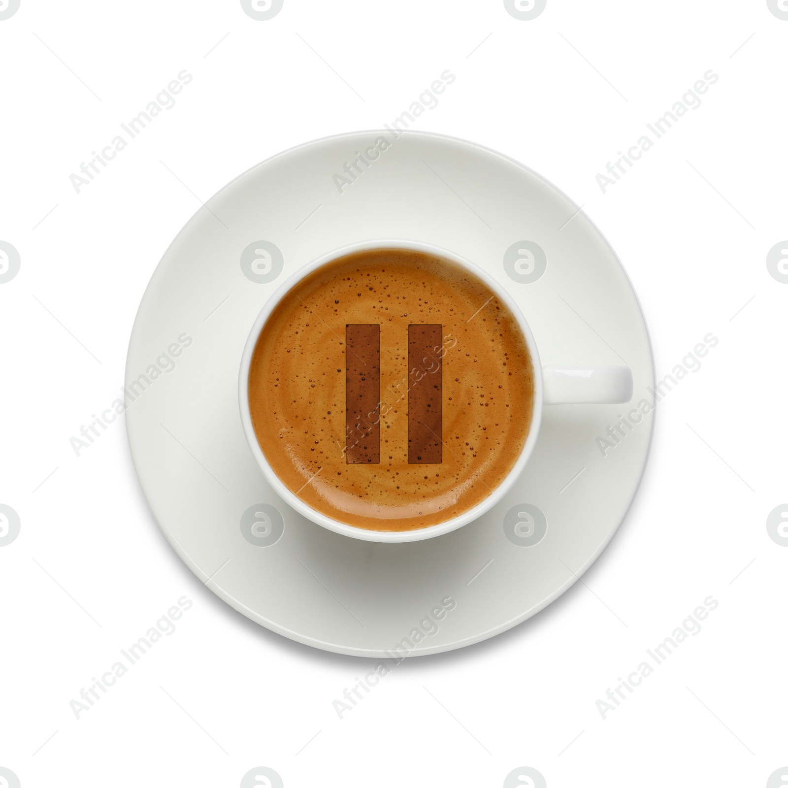 Image of Coffee Break. Cup of aromatic espresso isolated on white, top view  
