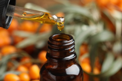 Photo of Natural sea buckthorn oil dripping from pipette into bottle on blurred background, closeup