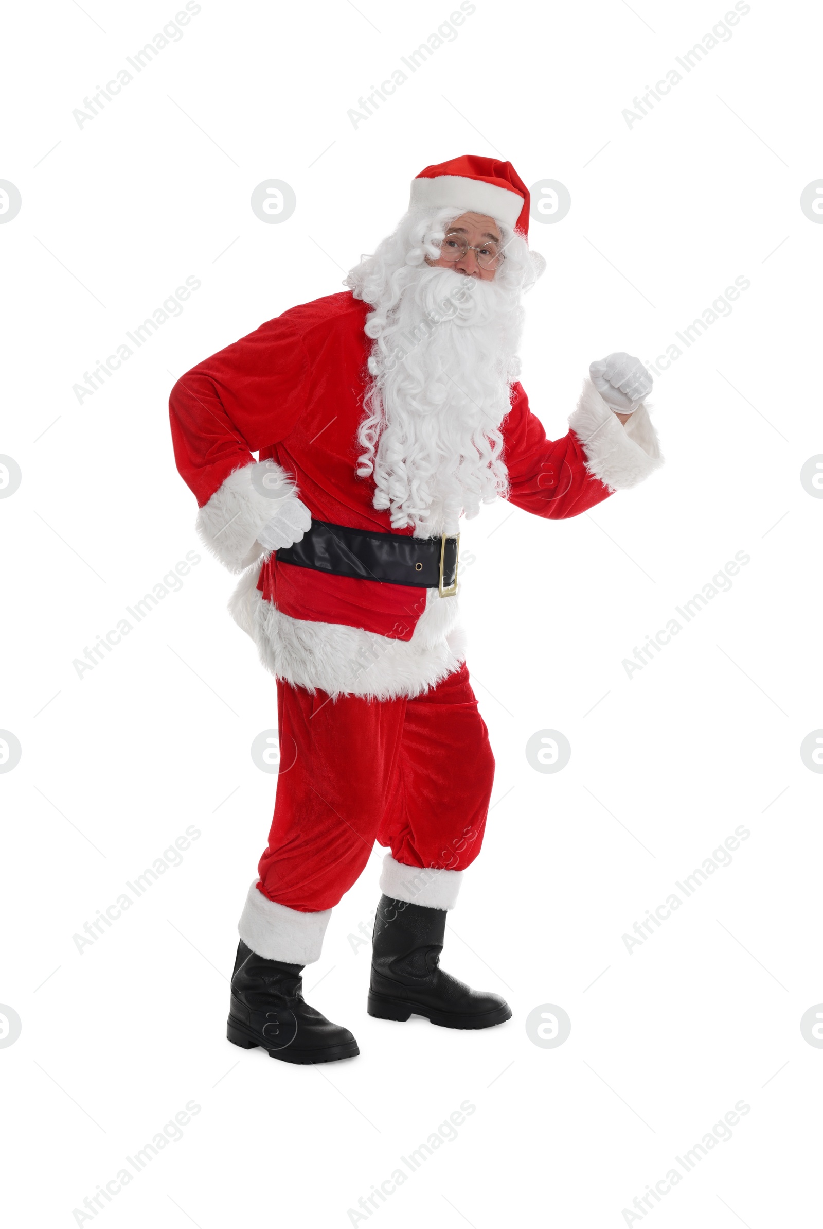 Photo of Man in Santa Claus costume posing on white background