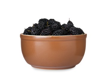 Photo of Bowl of delicious ripe black mulberries isolated on white