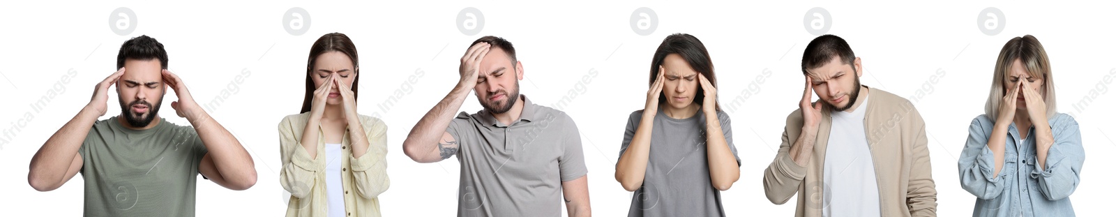 Image of Collage with photos of people suffering from headache on white background. Banner design