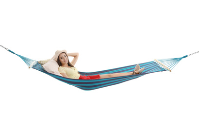 Photo of Woman resting in hammock on white background