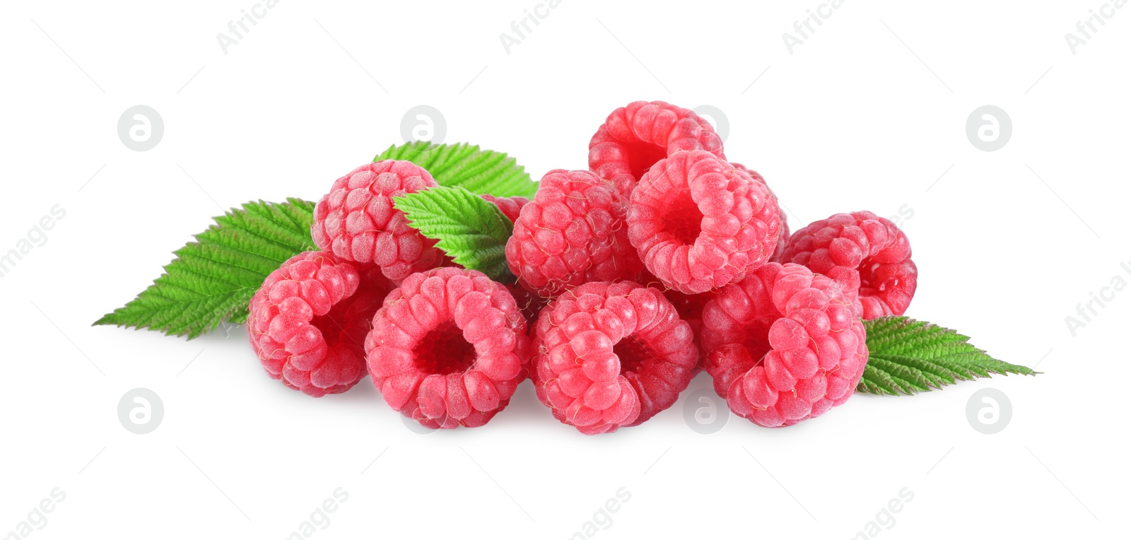 Photo of Many fresh ripe raspberries and green leaves isolated on white