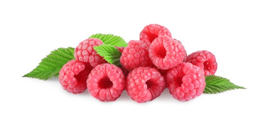 Photo of Many fresh ripe raspberries and green leaves isolated on white