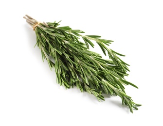 Photo of Fresh rosemary twigs tied with twine on white background