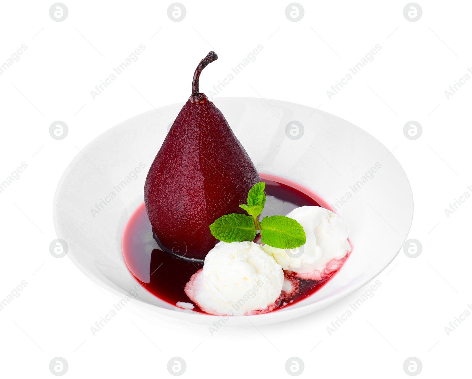 Photo of Tasty red wine poached pear with mint 'and ice cream isolated on white