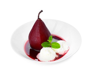 Photo of Tasty red wine poached pear with mint 'and ice cream isolated on white