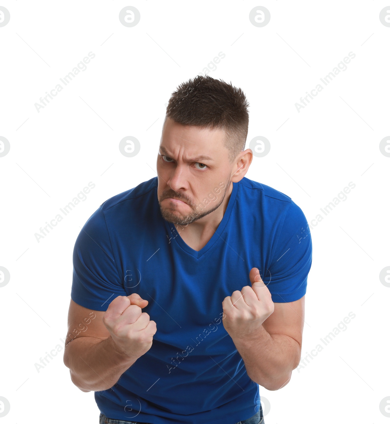 Photo of Angry man on white background. Hate concept