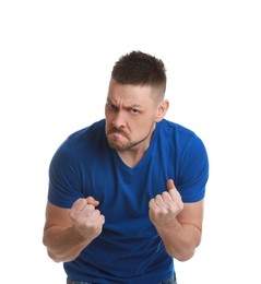 Photo of Angry man on white background. Hate concept