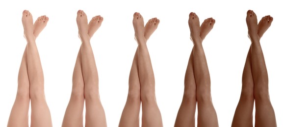 Image of Collage with photos of women with smooth silky skin after epilation, closeup view of legs. Banner design