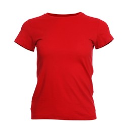 Photo of Mannequin with red women's t-shirt isolated on white. Mockup for design