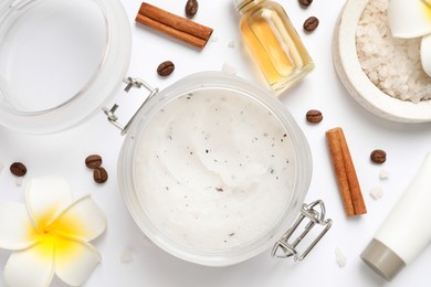 Photo of Composition with body scrub on white background, top view