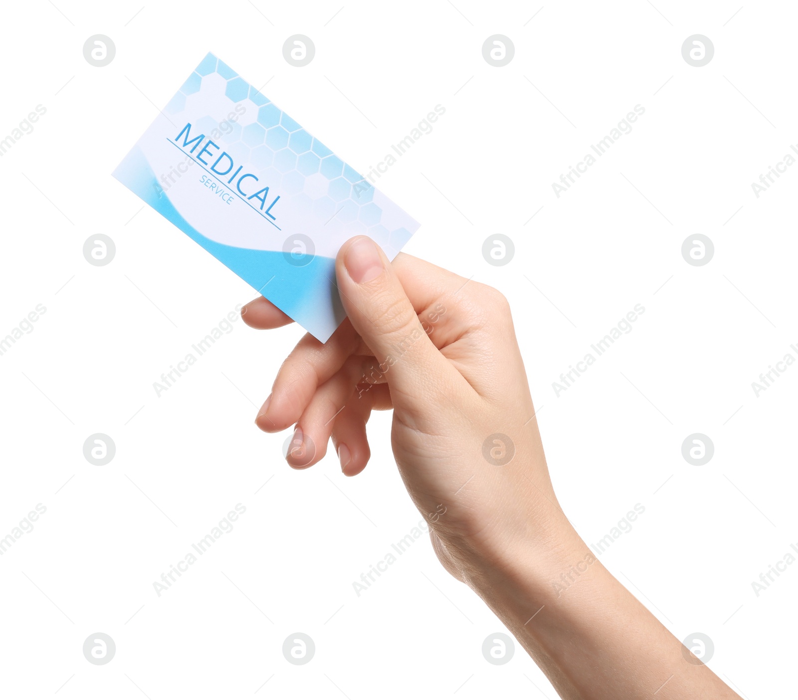 Photo of Woman holding business card isolated on white, closeup. Medical service