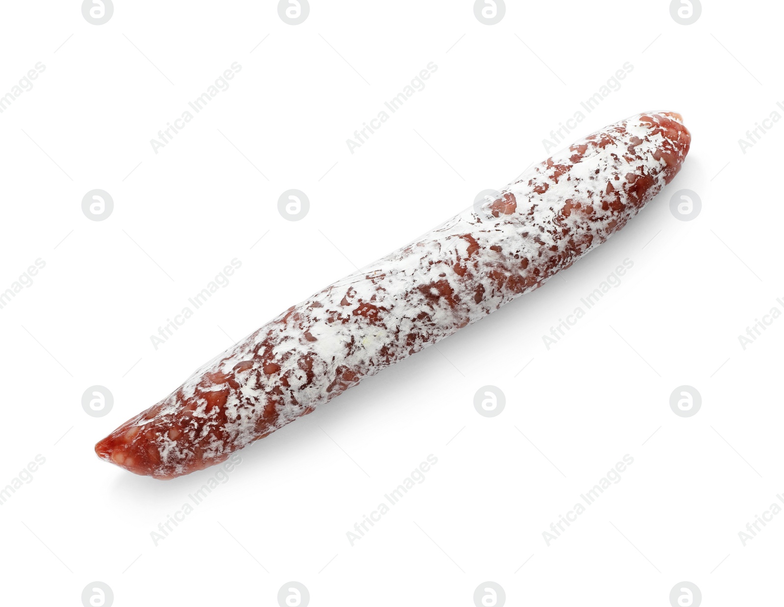 Photo of Tasty sausage on white background, top view. Meat product