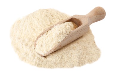 Photo of Wooden scoop with quinoa flour on white background