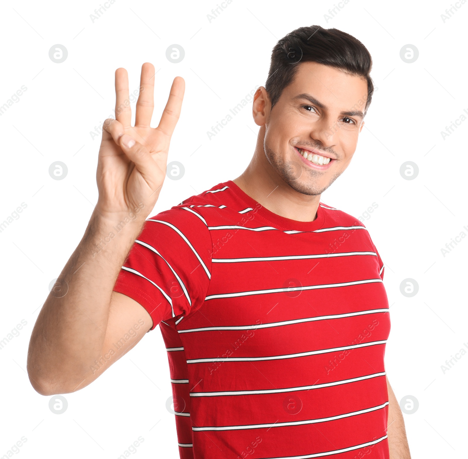 Photo of Man showing number three with his hand on white background