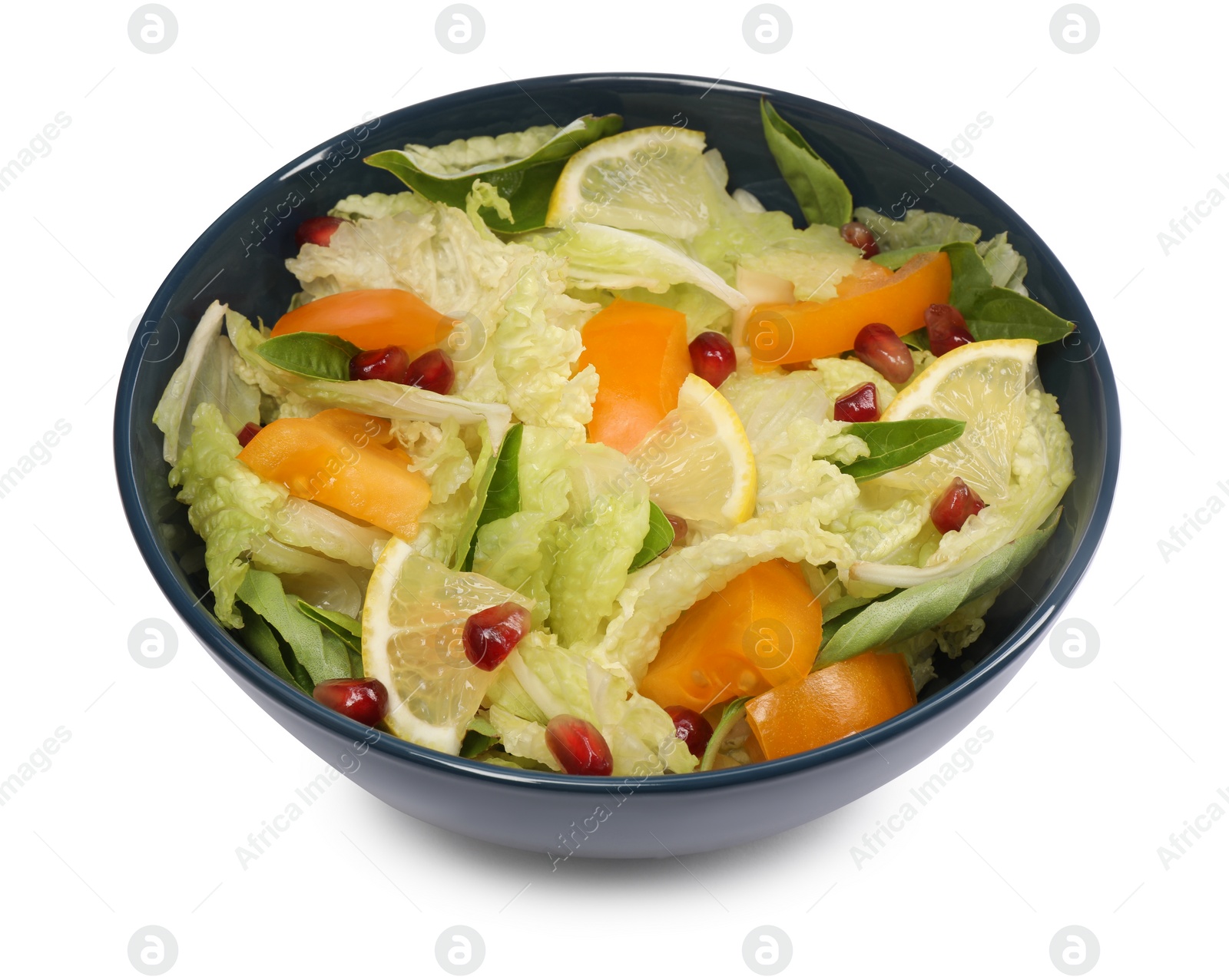 Photo of Delicious salad with Chinese cabbage, lemon, persimmon and pomegranate seeds isolated on white