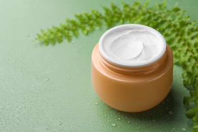 Jar of face cream and plant on wet green surface. Space for text