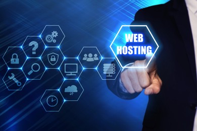 Image of Man pointing at virtual icon with phrase Web Hosting on color background, closeup
