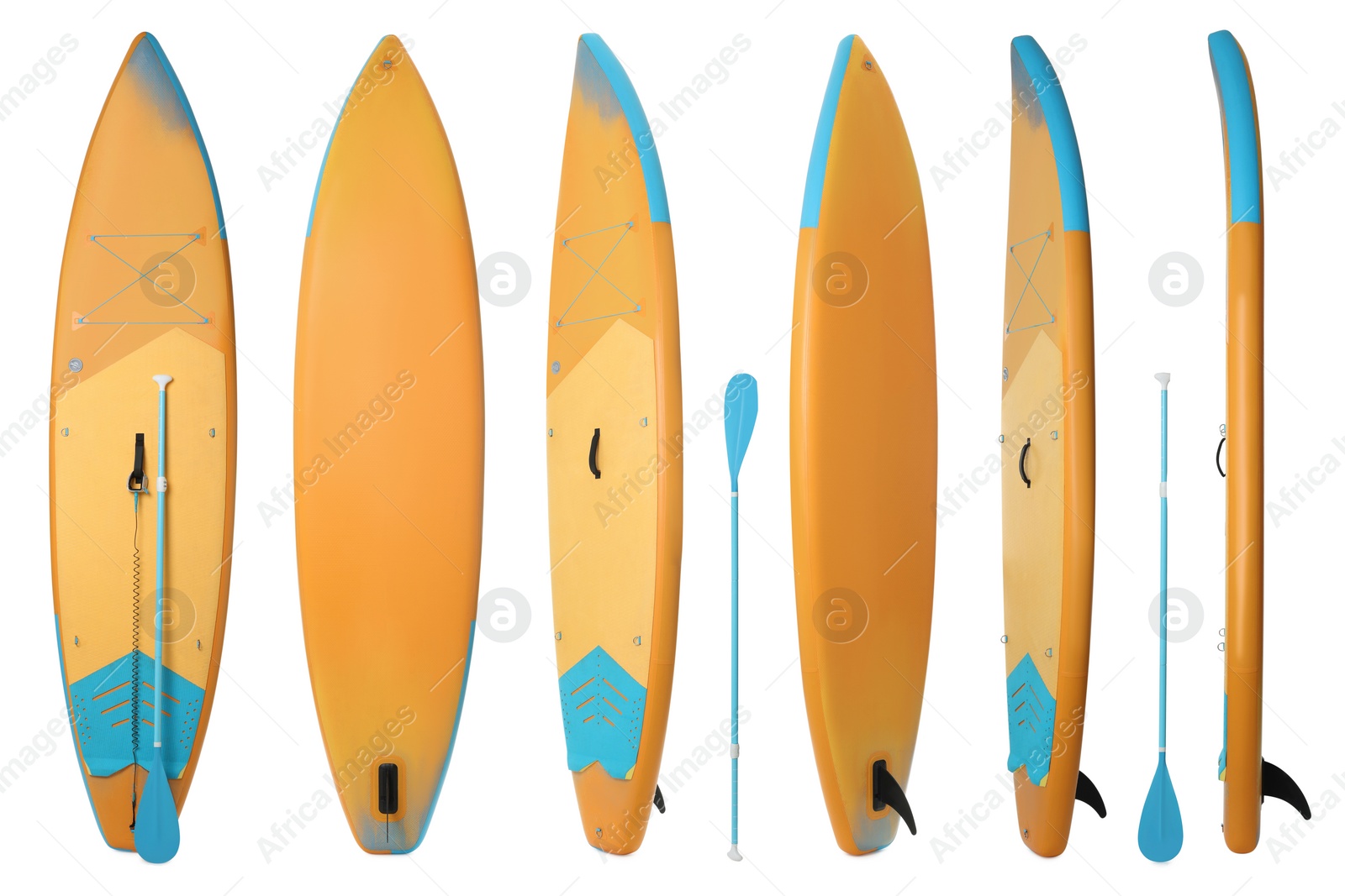 Image of Collage with SUP board with paddle isolated on white, different sides