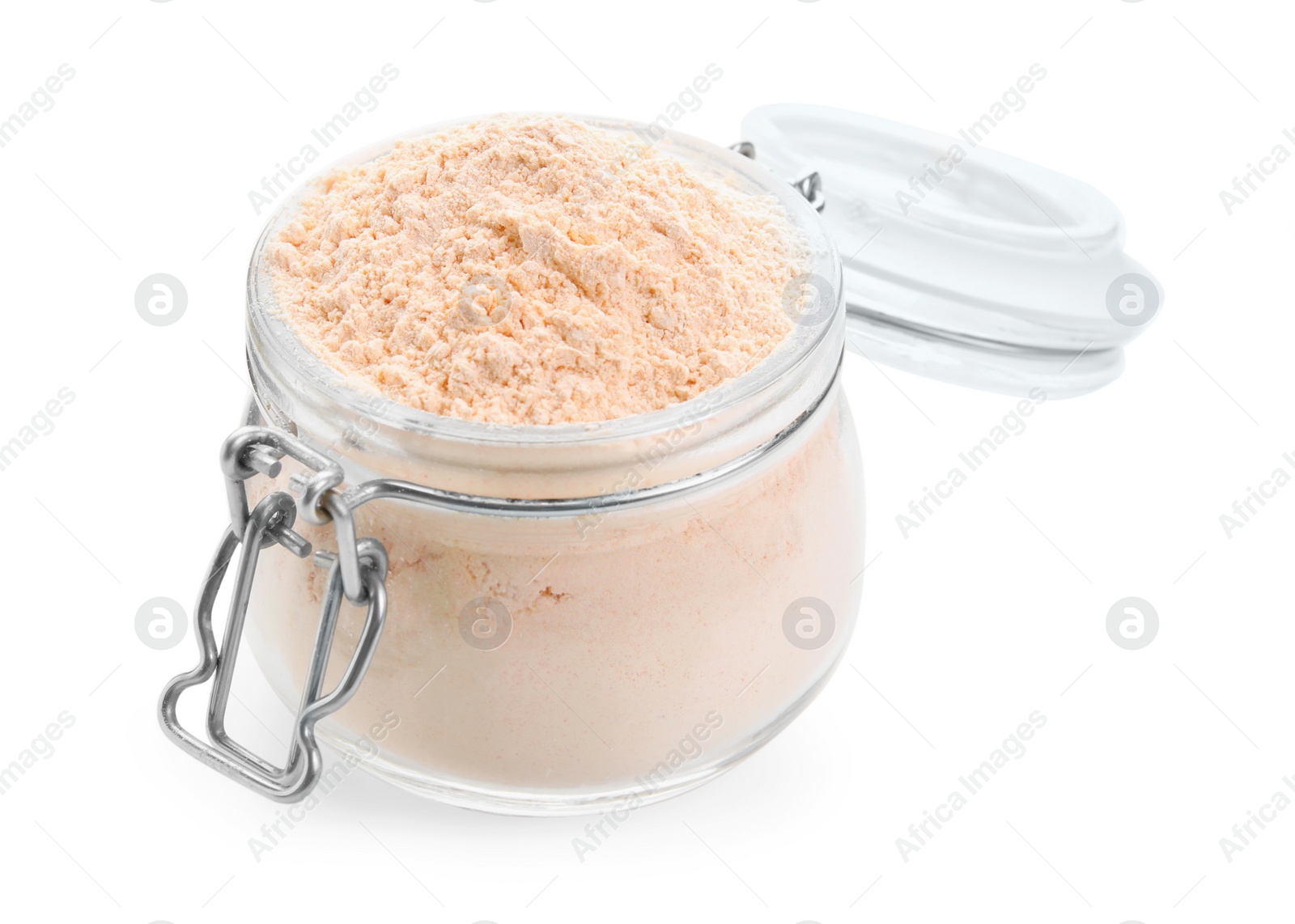 Photo of Glass jar of lentil flour isolated on white