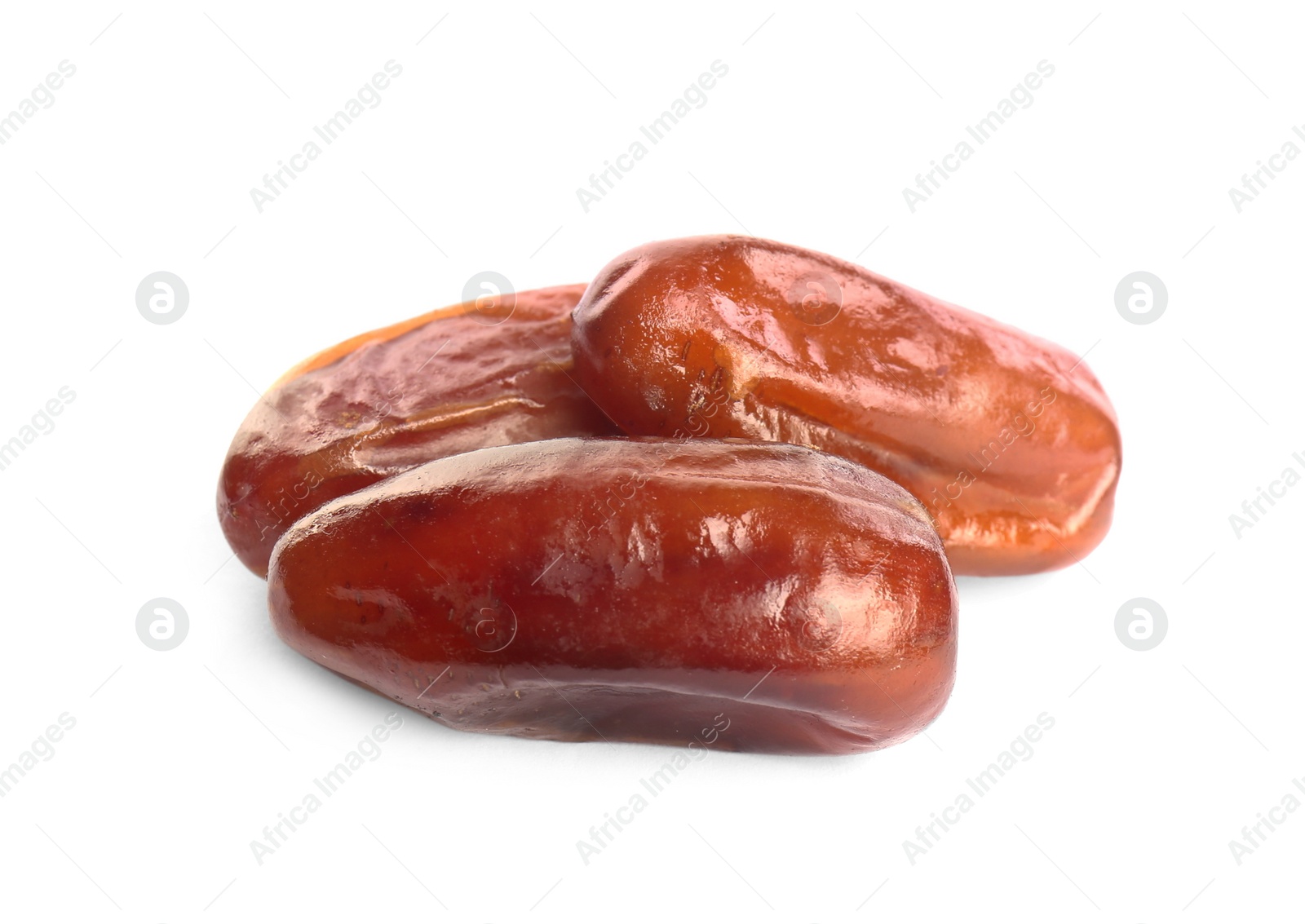 Photo of Heap of tasty sweet dried dates on white background