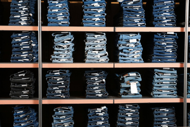 Collection of stylish jeans on shelves in shop