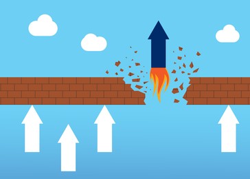Competition concept. Arrows stuck near brick barrier and blue one breaking it. Illustration