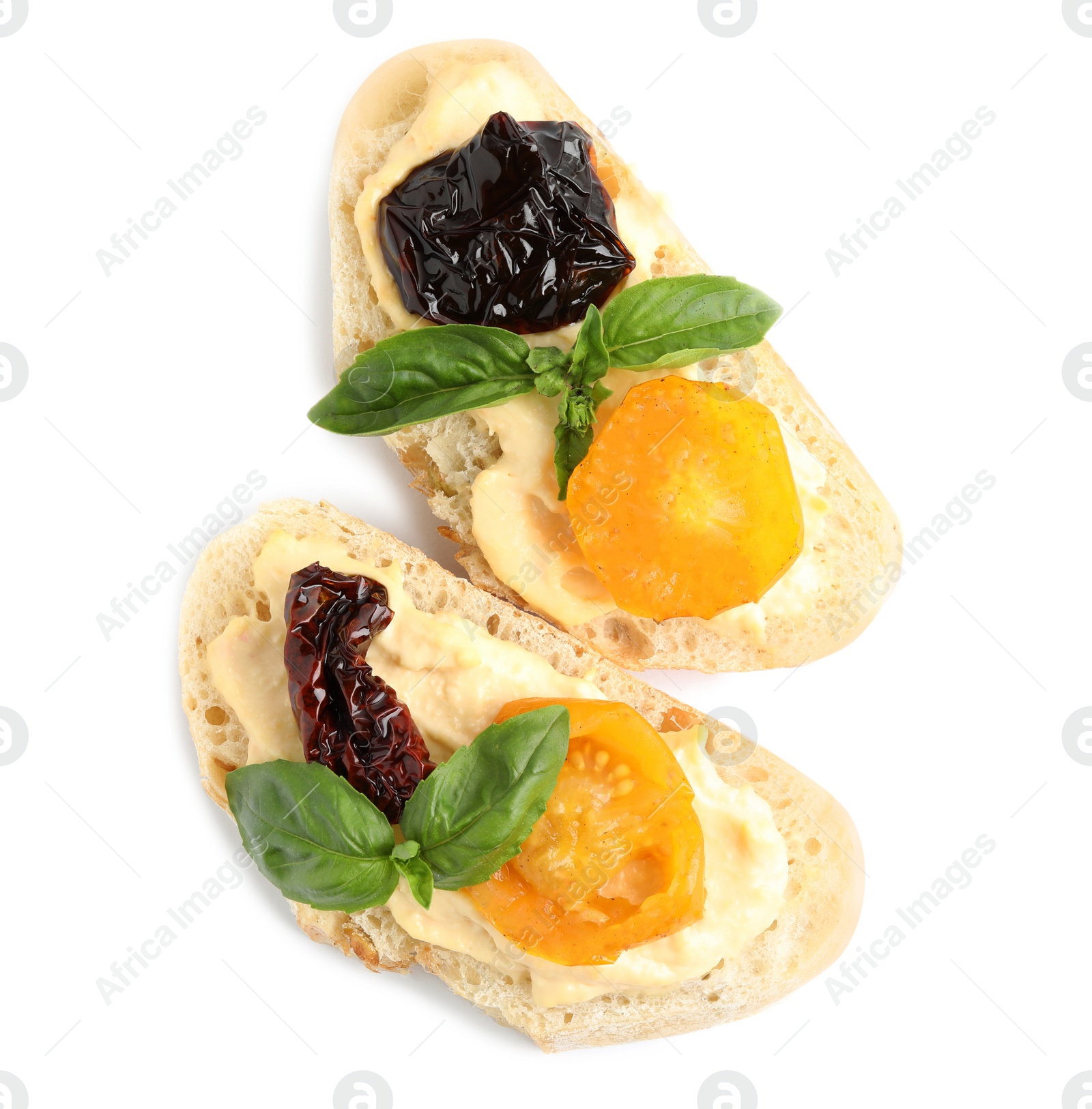 Photo of Tasty fresh tomato bruschettas on white background, top view