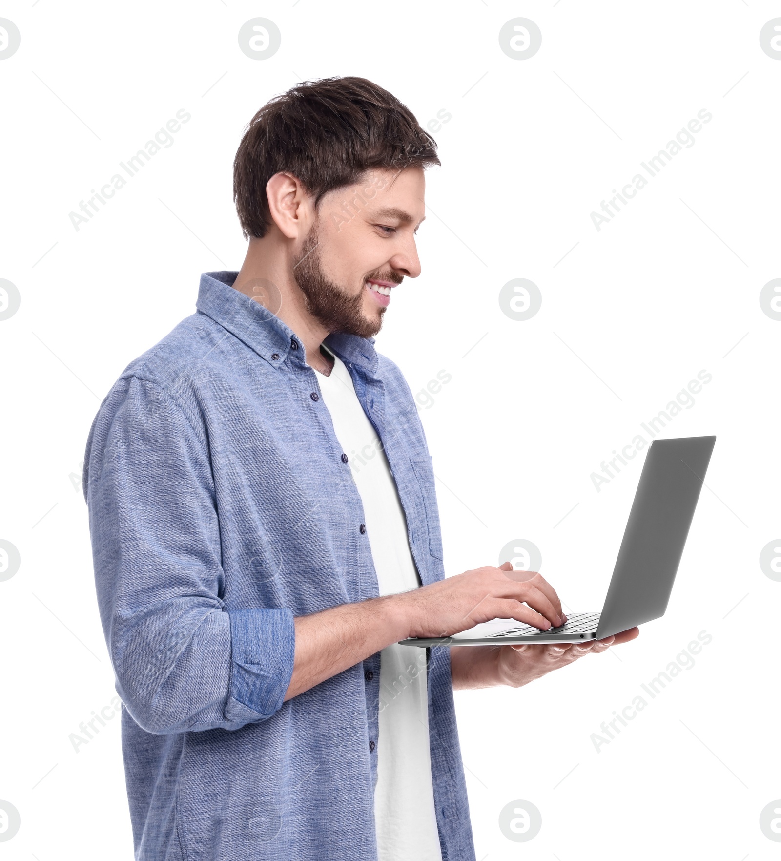 Photo of Happy man with laptop on white background