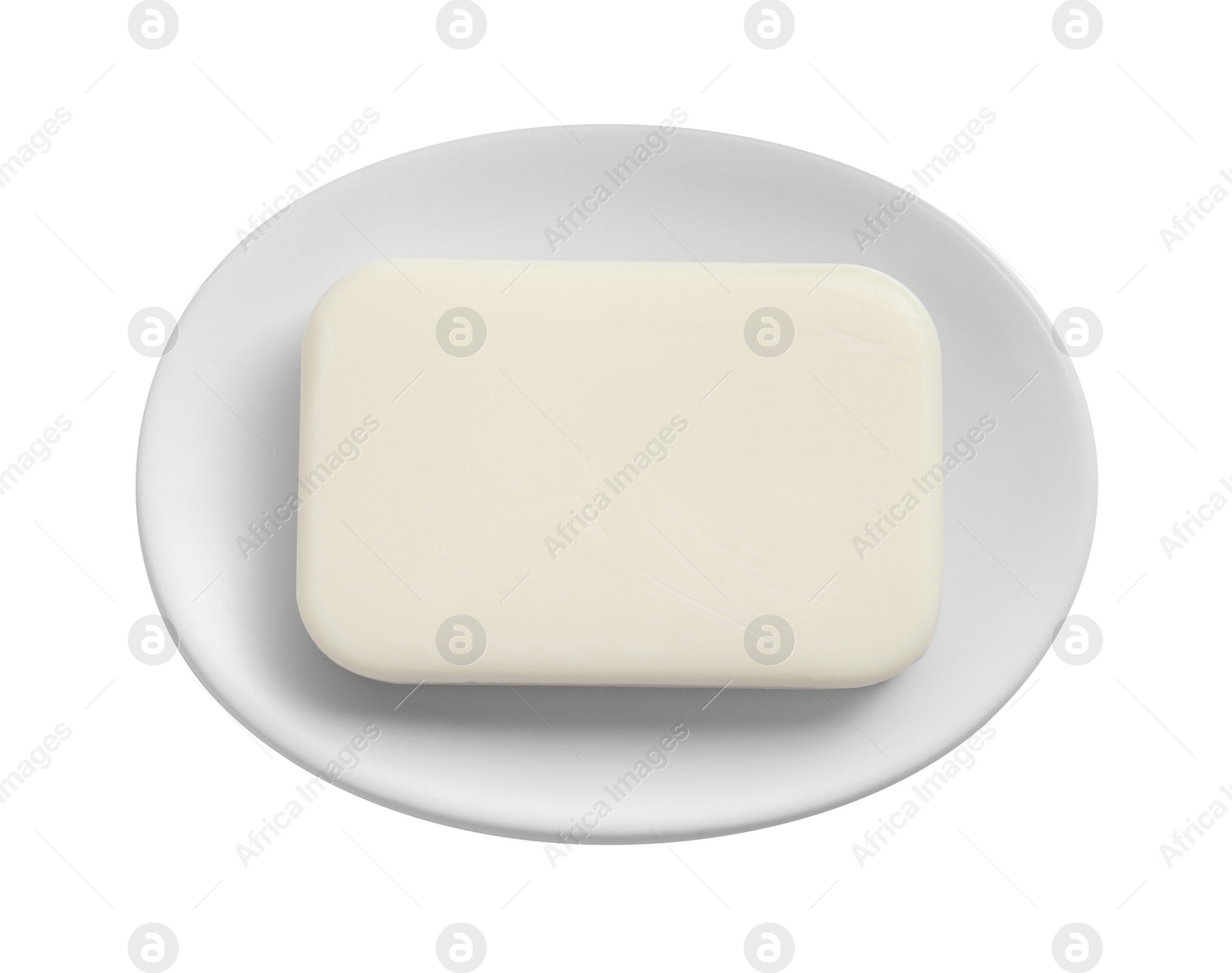 Photo of Holder with soap bar on white background, top view