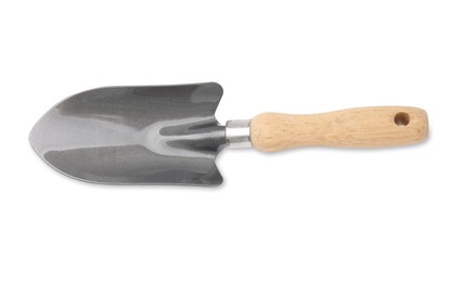 Photo of One trowel isolated on white, top view. Gardening tool