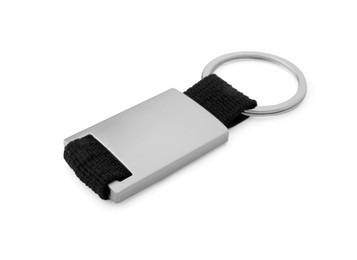 Photo of One blank metallic keychain isolated on white