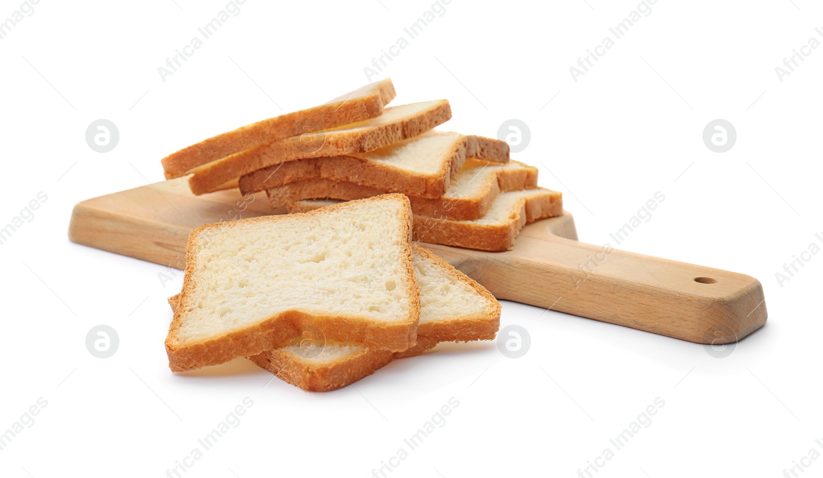 Photo of Wooden board with sliced toast bread on white background